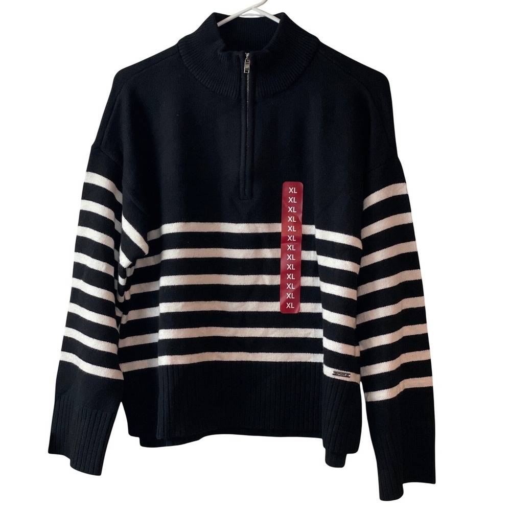 DKNY Quarter Zip Sweater Women XL Black Striped Half Zip Mock Neck Cozy Chic New